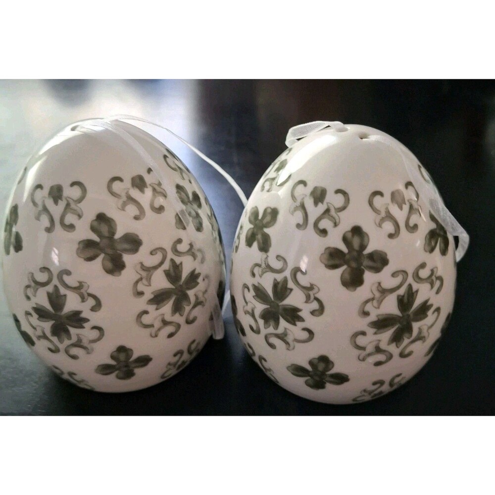 Valerie Parr Hill Olive & White 2 Timed Illumination 3.5" Damask Porcelain Eggs